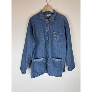 Vintage XL Jean Denim Shirt Jacket Embroidered Patchwork Floral Cottage Prairie